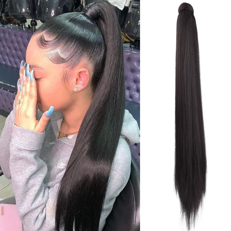 إكستنشن ذيل الحصان SEIKEA مع مشبك، ذيل حصان طويل مستقيم من الشعر الصناعي للنساء بطول 30 إنش، لون أسود بني