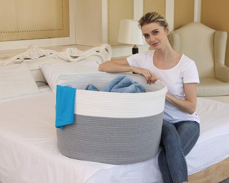 Cottonphant 24" x 24" x 17" Max Size Large Cotton Rope Basket, Extra Large Storage Basket, Woven Laundry Hamper, Cloth Storage Bin, for Blankets Clothes Towels Pillows in Living Room, Grey - Image 4