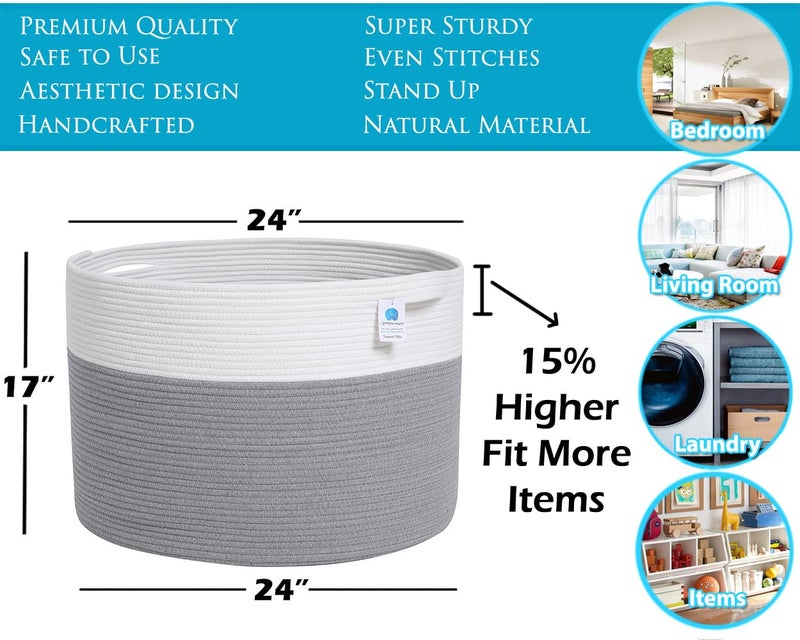 Cottonphant 24" x 24" x 17" Max Size Large Cotton Rope Basket, Extra Large Storage Basket, Woven Laundry Hamper, Cloth Storage Bin, for Blankets Clothes Towels Pillows in Living Room, Grey - Image 2