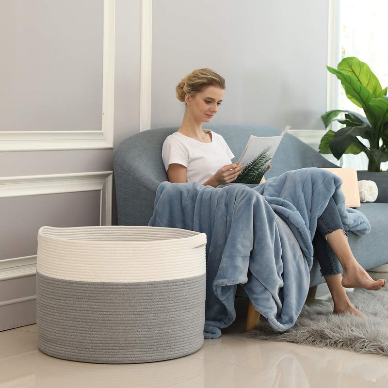 Cottonphant 24" x 24" x 17" Max Size Large Cotton Rope Basket, Extra Large Storage Basket, Woven Laundry Hamper, Cloth Storage Bin, for Blankets Clothes Towels Pillows in Living Room, Grey - Image 3