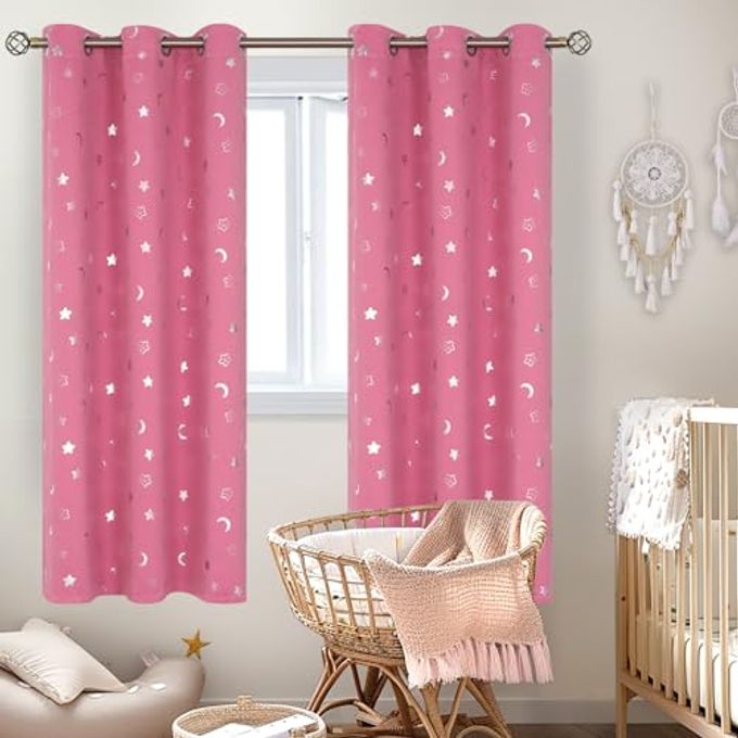 BGment Pink Curtains for Girls Bedroom 72 Inch Length, Star and Moon Blackout Curtains for Kids Babys Bedroom, Room Darkening Thermal Insulated Window Grommet Curtains for Nursery, 42 Wide, 2 Panels - Image 2