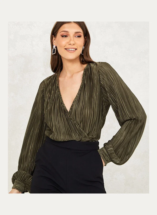 Styli Metallic Pleated Wrap Front Top with Fitted Waistband