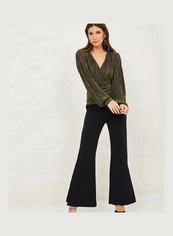 Styli Metallic Pleated Wrap Front Top with Fitted Waistband