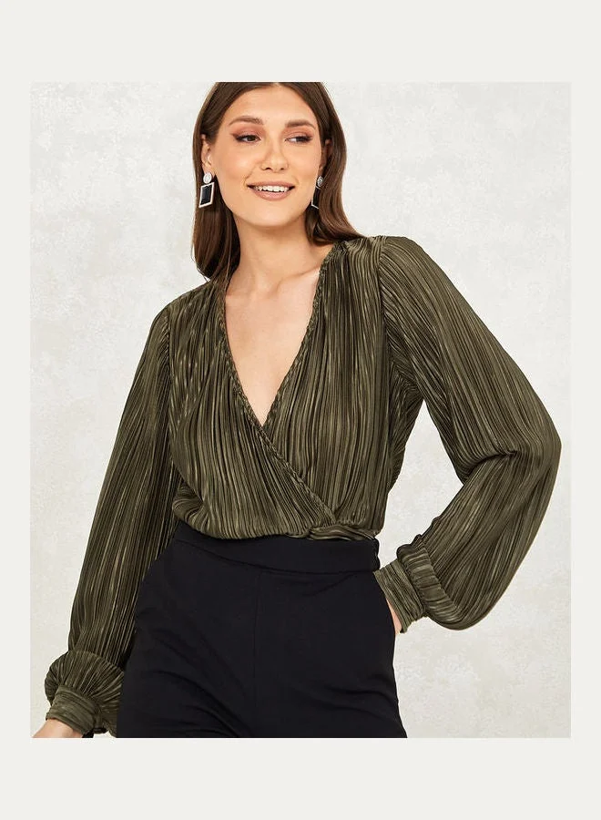 Styli Styli Metallic Pleated Wrap Front Top With Fitted Waistband
