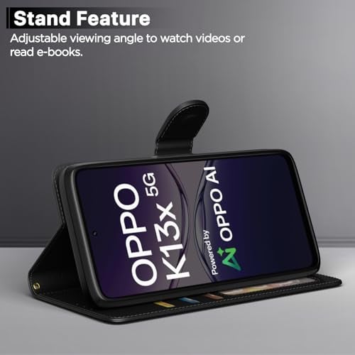 Pikkme Flip Cover for Oppo K13x 5G Leather Finish | Inside TPU with Card Pockets | Wallet Stand and Shock Proof | Complete Protection Flip Case(Black) - Image 3