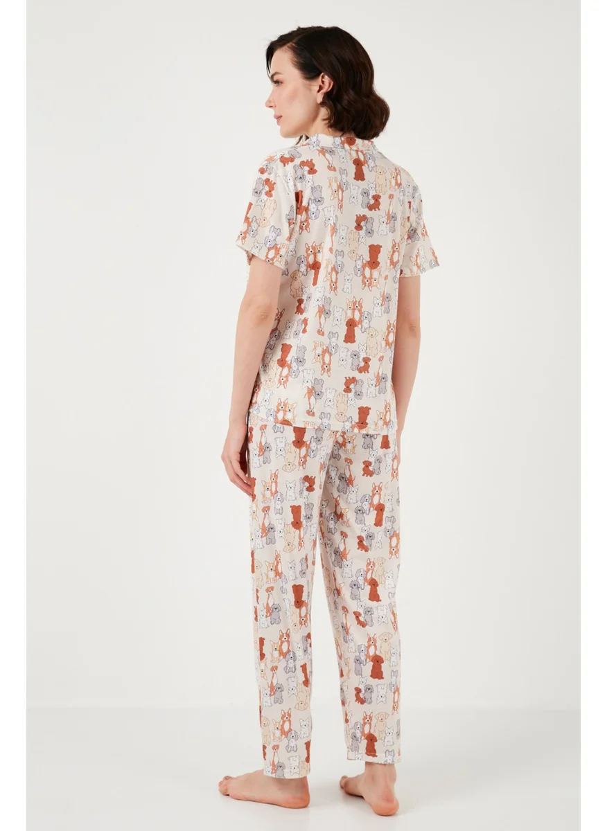 Lela Patterned Short Sleeve Elastic Waist Shirt Collar Woven Regular Fit Pajama Set Women's Pajama Set 6571010