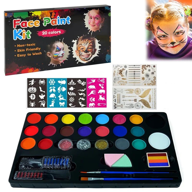 MULZI Face and Body Paint Kit for Kids 20 Water Based NonToxic Oil Palette Ideal for Halloween Makeup Parties Includes 2 Hair Chalk Combs 32 Stencils 3 Glitters 2 Paint Brushes - Image 1