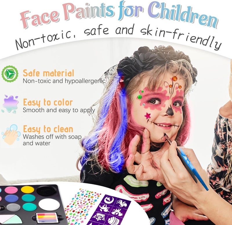 MULZI Face and Body Paint Kit for Kids 20 Water Based NonToxic Oil Palette Ideal for Halloween Makeup Parties Includes 2 Hair Chalk Combs 32 Stencils 3 Glitters 2 Paint Brushes - Image 4