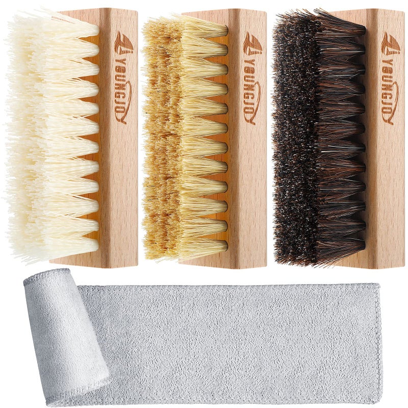 YoungJoy 3 Pieces Dual Sided Sneaker Shoe Cleaner Brush Set Shoes Clean Brush Kit Both Boar and Plastic Bristles with Microfiber Cloth B