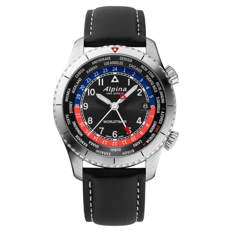 Alpina Mens Swiss Startimer Worldtimer Quartz Watch Stainless Steel GMT Sapphire Crystal