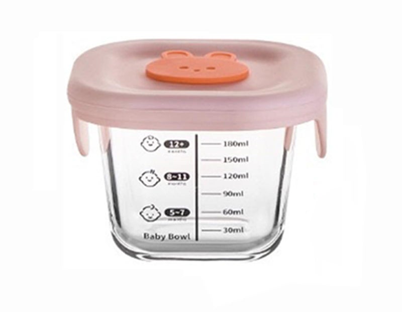HEXONIQ® Glass Baby Food Storage Containers with Measurement, 180 ml Glass Baby Food Containers - Leakproof Storage Jars, Children's Feeding Bowl with Breathable Holes Lids, Square, Pink, Pack of 1 - Image 1