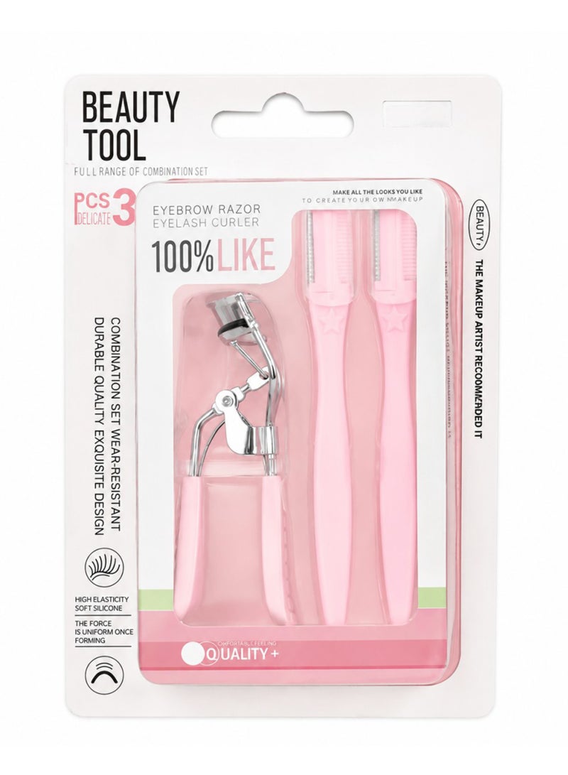 Stainless steel eyelash curler and two eyebrow trimmers set, painless eyelash curler, silicone handle, ergonomic design, suitable for all eye shapes and sizes, portable eyelash curler for women (pink) - Image 1
