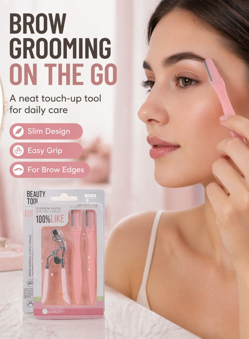 Stainless steel eyelash curler and two eyebrow trimmers set, painless eyelash curler, silicone handle, ergonomic design, suitable for all eye shapes and sizes, portable eyelash curler for women (pink) - Image 2