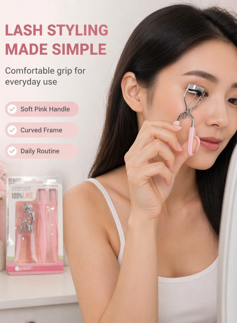 Stainless steel eyelash curler and two eyebrow trimmers set, painless eyelash curler, silicone handle, ergonomic design, suitable for all eye shapes and sizes, portable eyelash curler for women (pink) - Image 3