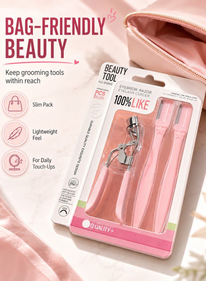 Stainless steel eyelash curler and two eyebrow trimmers set, painless eyelash curler, silicone handle, ergonomic design, suitable for all eye shapes and sizes, portable eyelash curler for women (pink) - Image 4