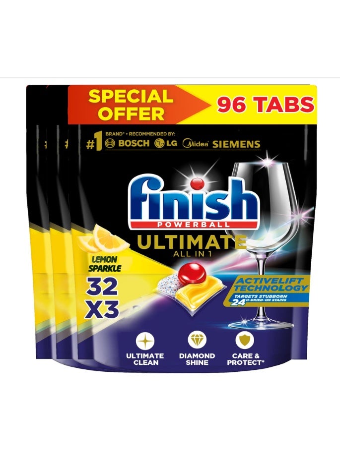 Finish Ultimate All-in-1 Dishwasher Detergent Tablets, Lemon Sparkle - 96 Tablets (Pack of 3 x 32 Tabs)