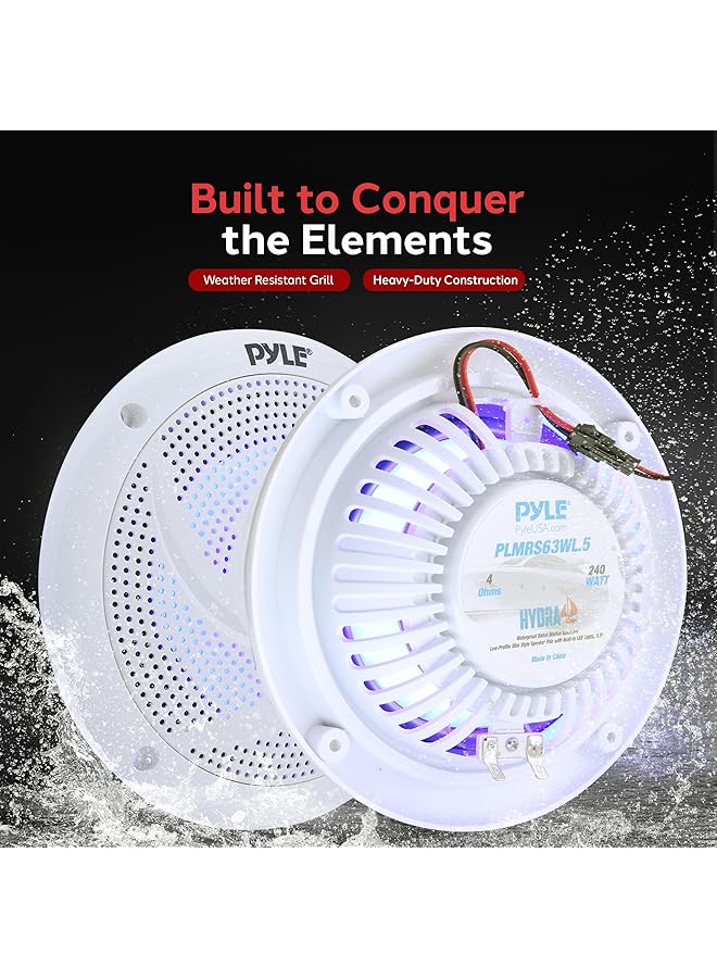 Pyle Low-Profile Waterproof Marine Speakers - 240W 6.5 Inch 2 Way 1 Pair Slim Style Waterproof Weather Resistant Outdoor Audio Stereo Sound System W/Blue Illuminating Led Lights - (White) - Image 5