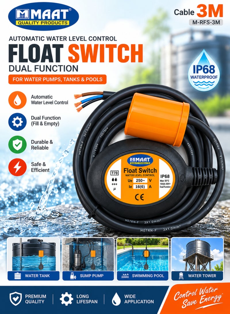 MAAT Automatic Water Level Control Float Switch 3M Cable, Dual Function Water Level Controller, IP68 Waterproof Float Switch for Water Tanks, Sump Pumps, Pools & Reservoirs - Image 1