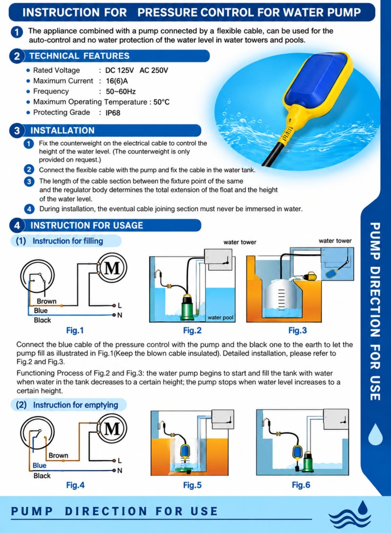 MAAT Automatic Water Level Control Float Switch 3M Cable, Dual Function Water Level Controller, IP68 Waterproof Float Switch for Water Tanks, Sump Pumps, Pools & Reservoirs - Image 4