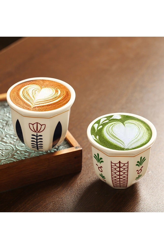 Warme 2PCS Saudi Style Floral Pattern Ceramic Coffee Cup 180ml Handless Heat-Resistant Food Grade Espresso Cup Easy to Hold Portable Latte Art Cup for Turkish Tea & Cappuccino Ramadan & Eid Gift for Home & Hospitality - Image 2