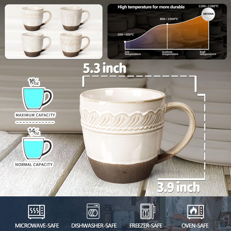 Artena Ceramic Coffee Mugs Set of 4, 16oz Embossed Large Latte Mugs Coffee Cups with Handle for Tea, Latte, Cappuccino & Cocoa, Milk Dishwasher & Microwave Safe, White (Willow Leaf) - Image 2
