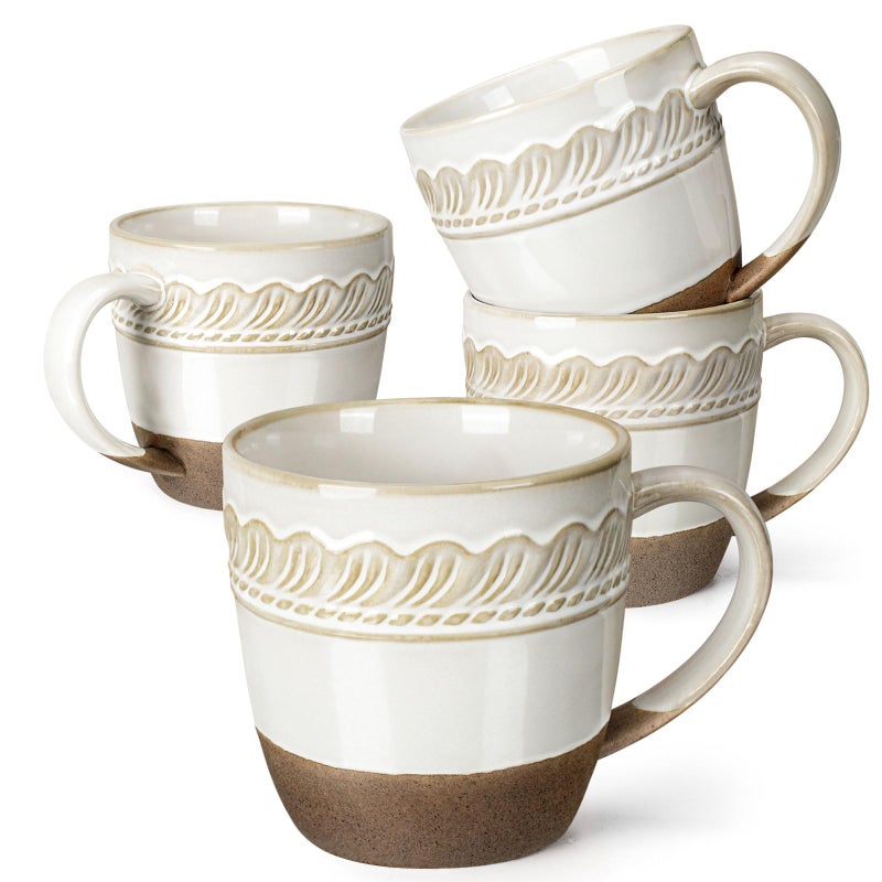 Artena Ceramic Coffee Mugs Set of 4, 16oz Embossed Large Latte Mugs Coffee Cups with Handle for Tea, Latte, Cappuccino & Cocoa, Milk Dishwasher & Microwave Safe, White (Willow Leaf) - Image 1