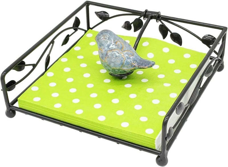 OwlGift Collection Black Coated Metal Flat Napkin Holder Dispensing Stand wCeramic Bird Kitchen and Countertop Flat Napkin Storage Organizer - Image 1