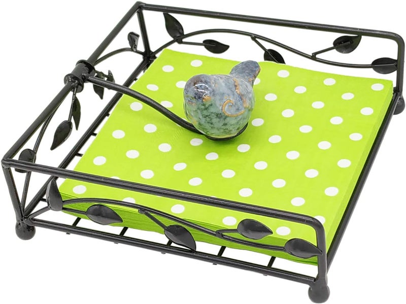OwlGift Collection Black Coated Metal Flat Napkin Holder Dispensing Stand wCeramic Bird Kitchen and Countertop Flat Napkin Storage Organizer - Image 2