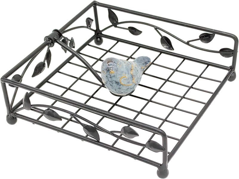 OwlGift Collection Black Coated Metal Flat Napkin Holder Dispensing Stand wCeramic Bird Kitchen and Countertop Flat Napkin Storage Organizer - Image 3