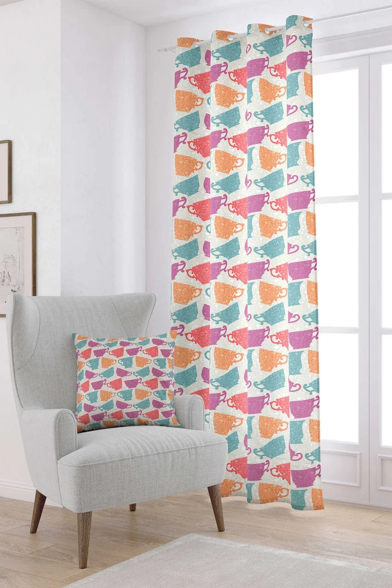 Cango Home Pink Orange Decorative Cup Patterned Digital Printed Curtain CGH621-PR