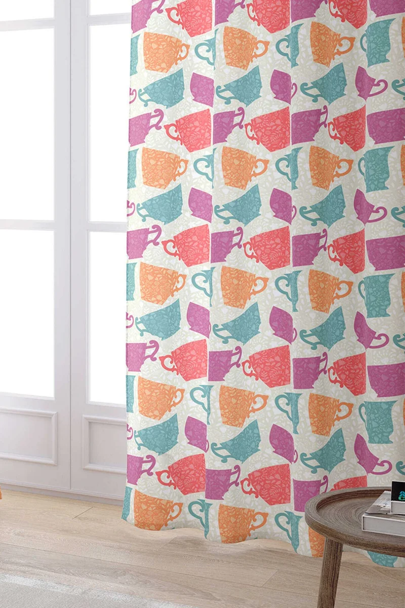 Cango Home Pink Orange Decorative Cup Patterned Digital Printed Curtain CGH621-PR