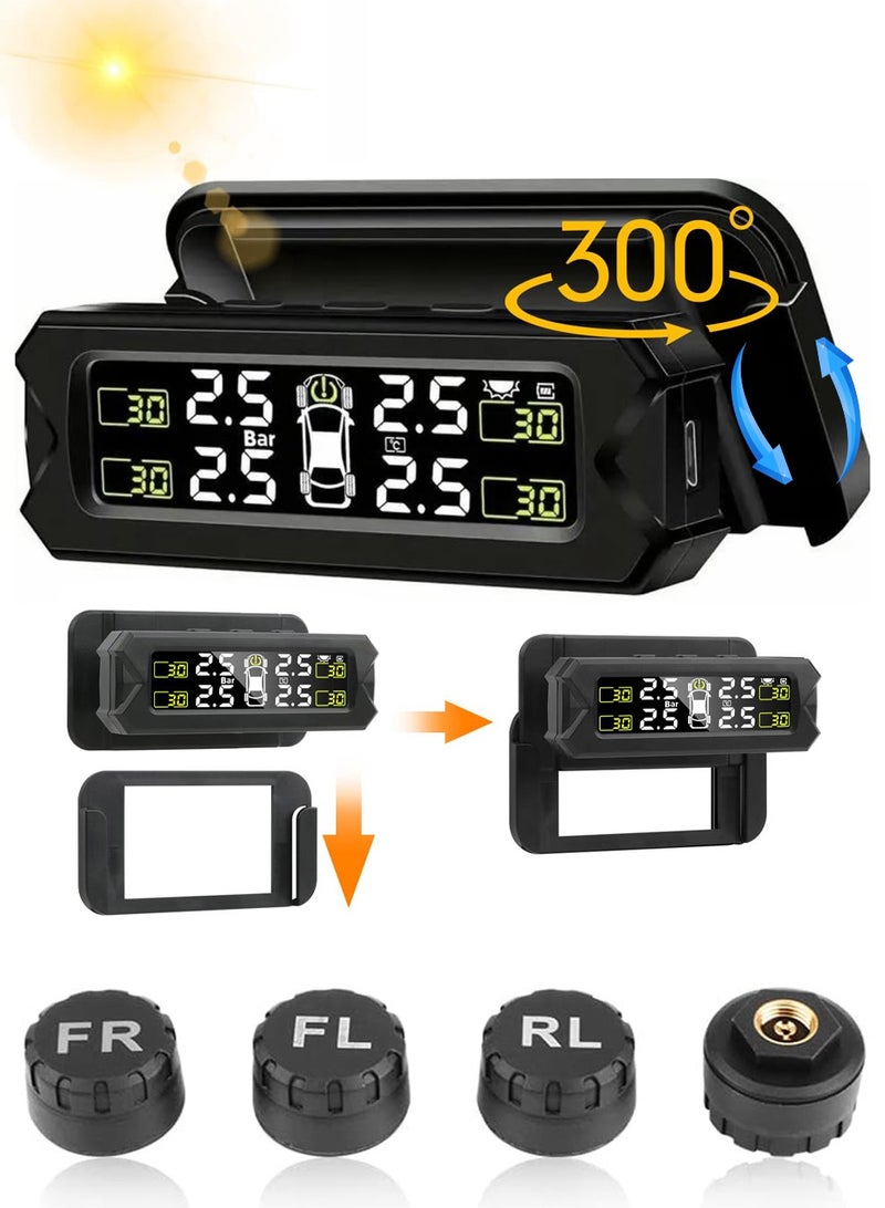 NajmStyle TPMS Tyre Pressure Monitoring System Detachable Bracket 14-87Psi Wireless Adjustable Angle with 4 External Sensors Solar/USB Charging Car Alarm System - Image 1