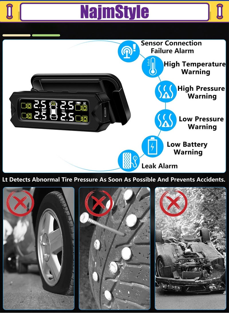 NajmStyle TPMS Tyre Pressure Monitoring System Detachable Bracket 14-87Psi Wireless Adjustable Angle with 4 External Sensors Solar/USB Charging Car Alarm System - Image 4