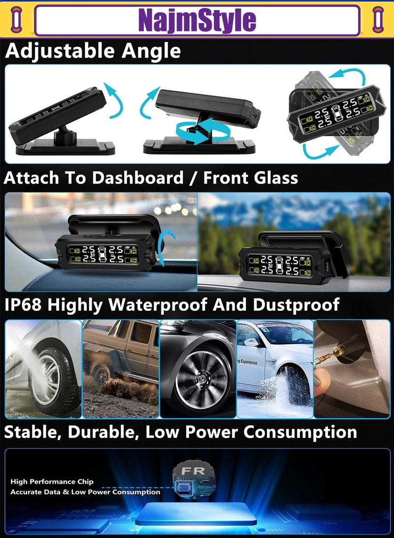 NajmStyle TPMS Tyre Pressure Monitoring System Detachable Bracket 14-87Psi Wireless Adjustable Angle with 4 External Sensors Solar/USB Charging Car Alarm System - Image 3