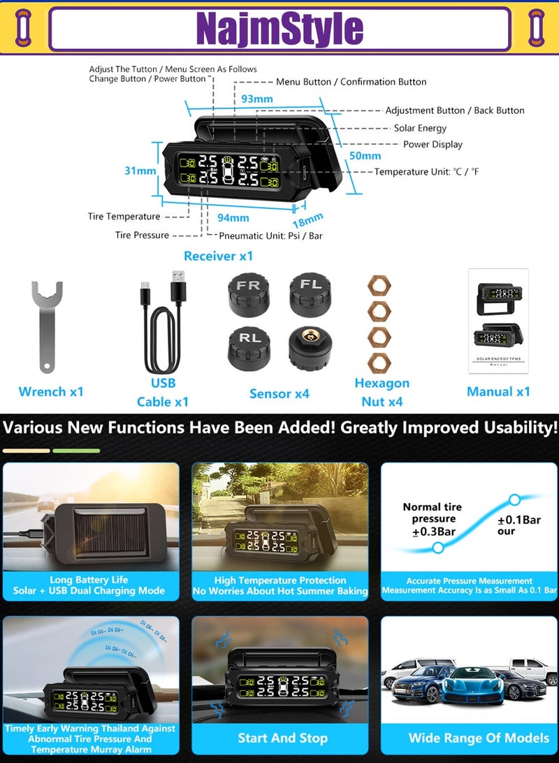NajmStyle TPMS Tyre Pressure Monitoring System Detachable Bracket 14-87Psi Wireless Adjustable Angle with 4 External Sensors Solar/USB Charging Car Alarm System - Image 2