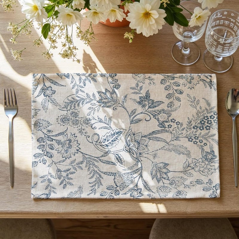 jinchan Linen Floral Placemats Set of 4 Cloth Table Mats Rustic Cottagecore Botanical Outdoor Seasonal for Kitchen Dining Table Decor Non-Slip Washable Tablemats 13x19 Inch Blue - Image 1