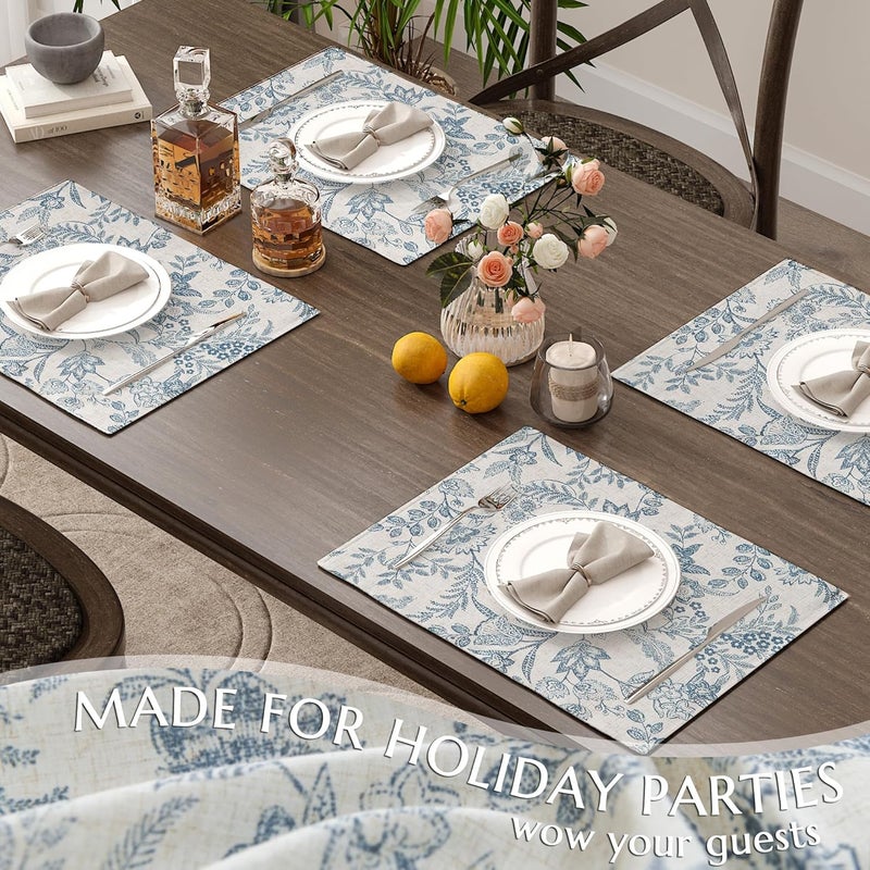 jinchan Linen Floral Placemats Set of 4 Cloth Table Mats Rustic Cottagecore Botanical Outdoor Seasonal for Kitchen Dining Table Decor Non-Slip Washable Tablemats 13x19 Inch Blue - Image 5