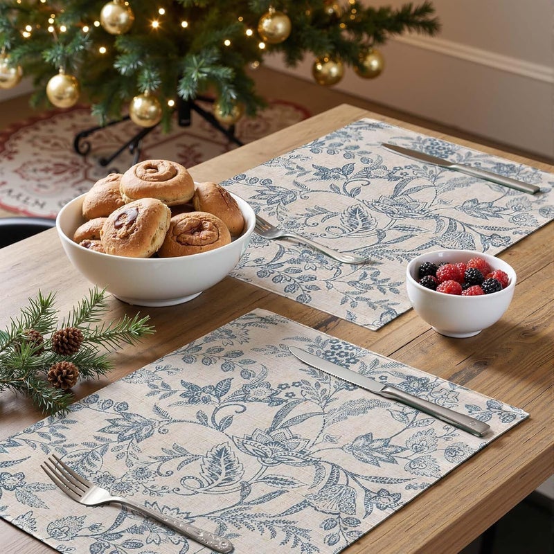 jinchan Linen Floral Placemats Set of 4 Cloth Table Mats Rustic Cottagecore Botanical Outdoor Seasonal for Kitchen Dining Table Decor Non-Slip Washable Tablemats 13x19 Inch Blue - Image 2