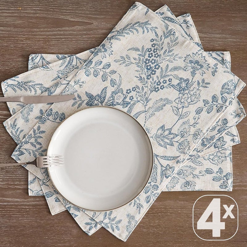 jinchan Linen Floral Placemats Set of 4 Cloth Table Mats Rustic Cottagecore Botanical Outdoor Seasonal for Kitchen Dining Table Decor Non-Slip Washable Tablemats 13x19 Inch Blue - Image 3