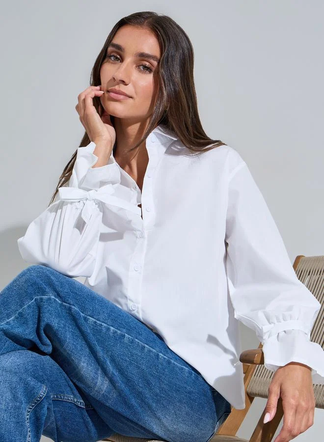 ستايلي Off White Solid Tie-Up Detail Cuffed Long Sleeves Shirt