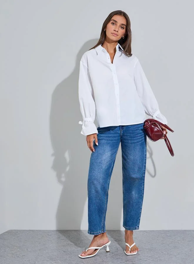 ستايلي Off White Solid Tie-Up Detail Cuffed Long Sleeves Shirt