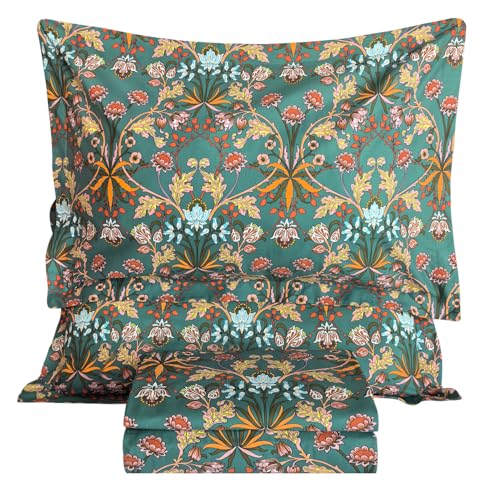 Lady Ann 100% Cotton Floral King Size Sheets Set Deep Pocket, Vibrant Paisley Flowers Printed on Green Pattern Bedding Sheets for King Size Bed Botanical Bed Sheets - Image 1
