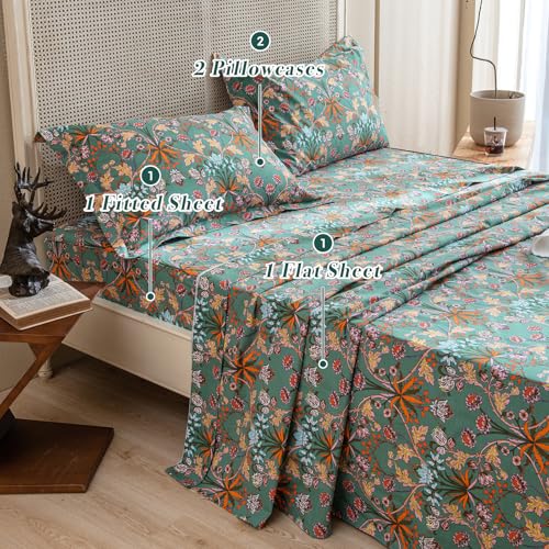 Lady Ann 100% Cotton Floral King Size Sheets Set Deep Pocket, Vibrant Paisley Flowers Printed on Green Pattern Bedding Sheets for King Size Bed Botanical Bed Sheets - Image 5