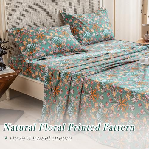 Lady Ann 100% Cotton Floral King Size Sheets Set Deep Pocket, Vibrant Paisley Flowers Printed on Green Pattern Bedding Sheets for King Size Bed Botanical Bed Sheets - Image 3