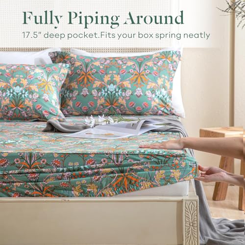 Lady Ann 100% Cotton Floral King Size Sheets Set Deep Pocket, Vibrant Paisley Flowers Printed on Green Pattern Bedding Sheets for King Size Bed Botanical Bed Sheets - Image 4