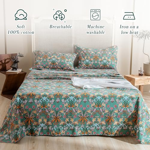 Lady Ann 100% Cotton Floral King Size Sheets Set Deep Pocket, Vibrant Paisley Flowers Printed on Green Pattern Bedding Sheets for King Size Bed Botanical Bed Sheets - Image 2