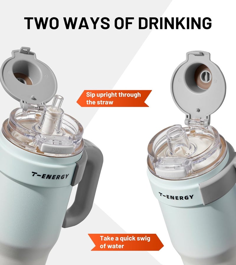 TKK 40 oz Insulated Tumblers with Handle and Straw, Stainless Steel Travel Mug with Ceramic Coating, Leak Proof Double Walled Iced Coffee Cup with Strainer for Hot & Cold Drinks, BlueWhite - Image 3
