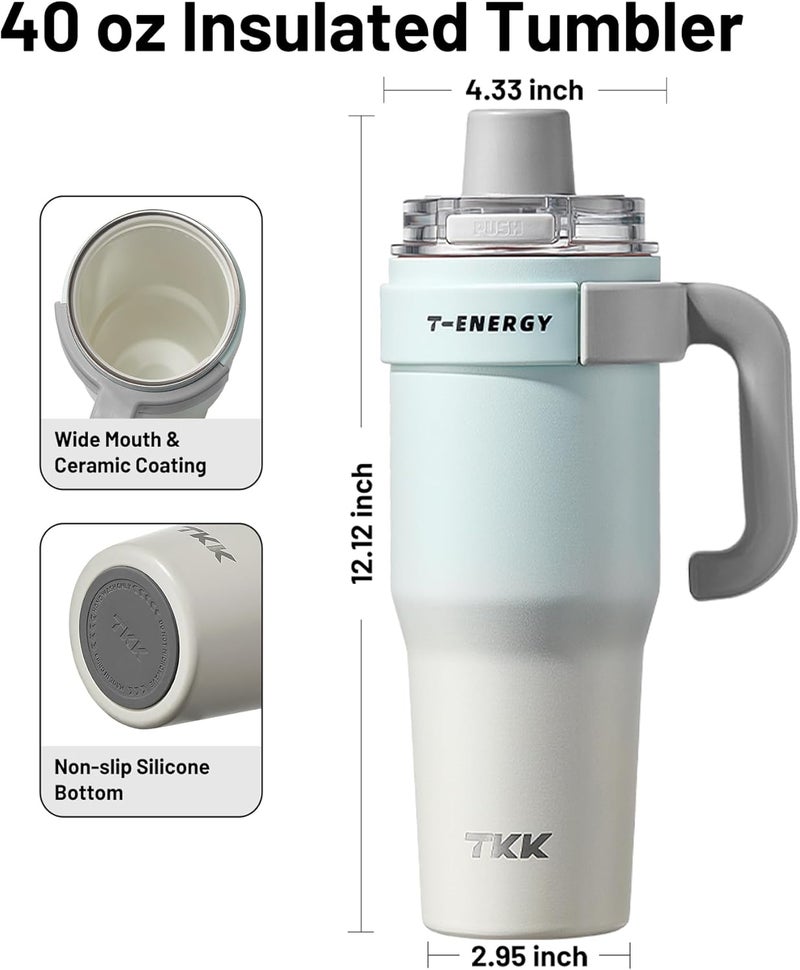 TKK 40 oz Insulated Tumblers with Handle and Straw, Stainless Steel Travel Mug with Ceramic Coating, Leak Proof Double Walled Iced Coffee Cup with Strainer for Hot & Cold Drinks, BlueWhite - Image 5