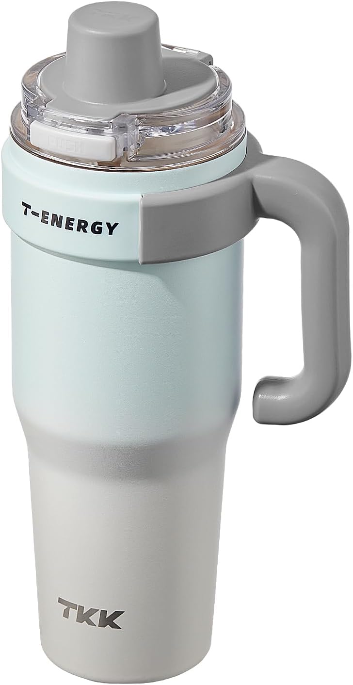 TKK 40 oz Insulated Tumblers with Handle and Straw, Stainless Steel Travel Mug with Ceramic Coating, Leak Proof Double Walled Iced Coffee Cup with Strainer for Hot & Cold Drinks, BlueWhite - Image 1