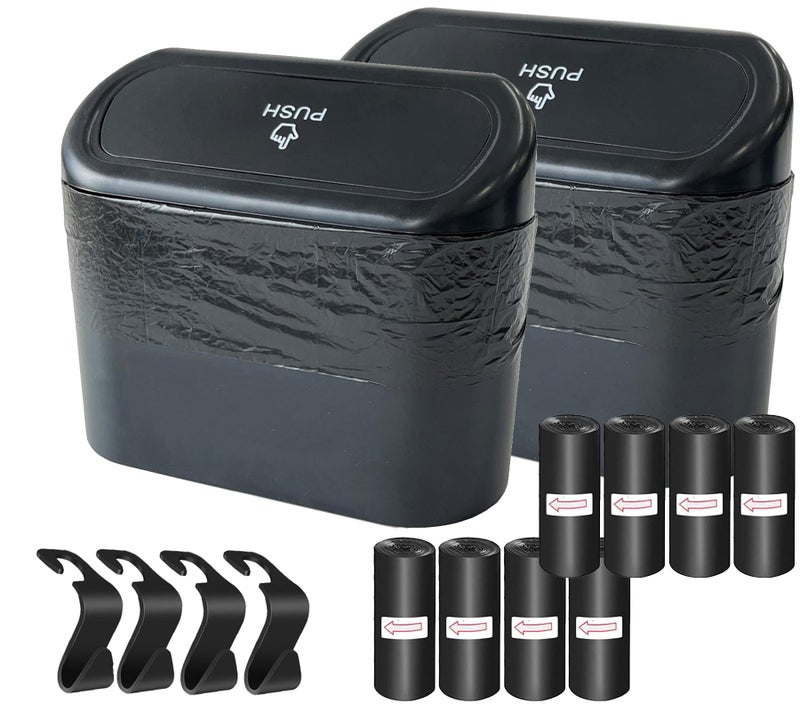 Kitbest 2 Pack Car Trash Can Bin with Lid 120 pcs Trash Bags and 4 pcs Car Hooks Mini Car Garbage Can Dustbin Can Organizer Storage for Front Back Seat Accessories for Car Office Home